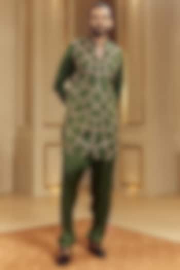 Green Satin Silk Marodi Hand Embroidered Kurta Set by Punit Balana Men at Pernia's Pop Up Shop