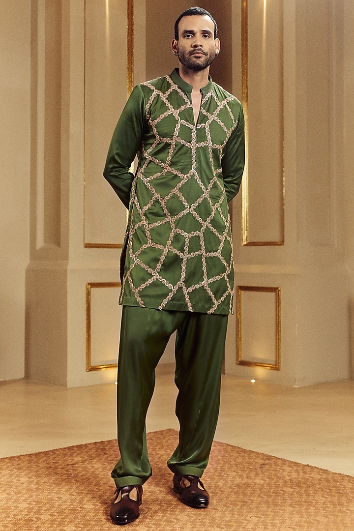 Green Satin Silk Marodi Hand Embroidered Kurta Set by Punit Balana Men at Pernia's Pop Up Shop