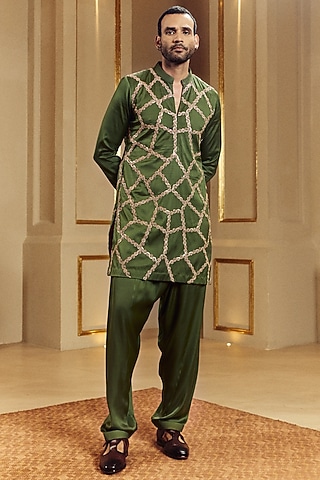 Green Satin Silk Marodi Hand Embroidered Kurta Set by Punit Balana Men