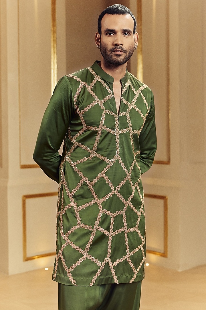 Green Satin Silk Marodi Hand Embroidered Kurta Set by Punit Balana Men at Pernia's Pop Up Shop