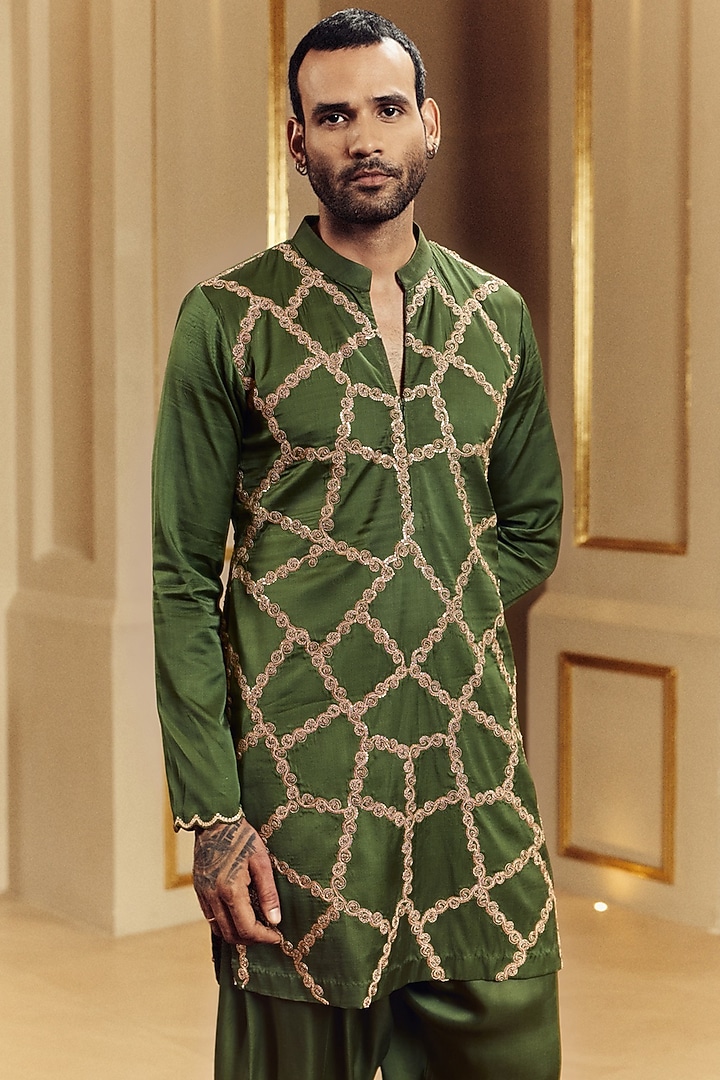 Green Satin Silk Marodi Hand Embroidered Kurta Set by Punit Balana Men at Pernia's Pop Up Shop