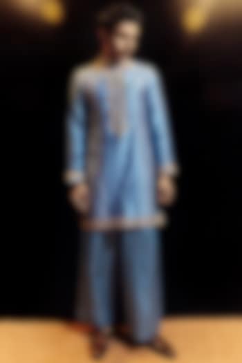 Saleti Grey Raw Silk Marodi Embroidered Kurta Set by Punit Balana Men at Pernia's Pop Up Shop