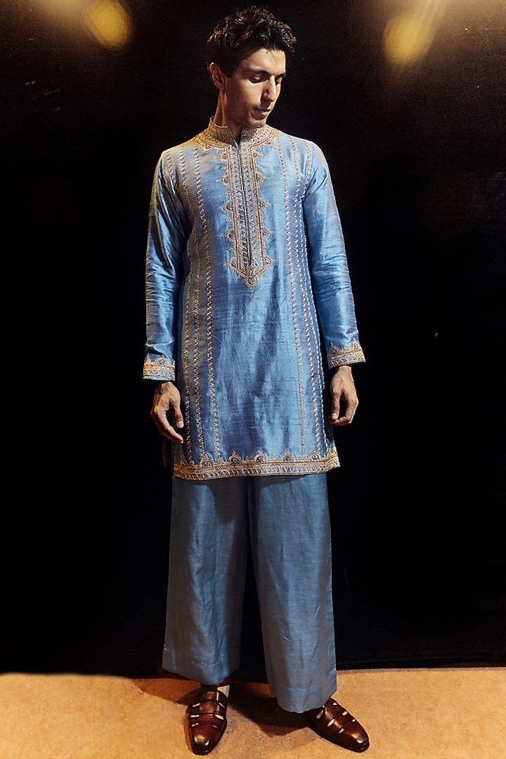 Saleti Grey Raw Silk Marodi Embroidered Kurta Set by Punit Balana Men at Pernia's Pop Up Shop
