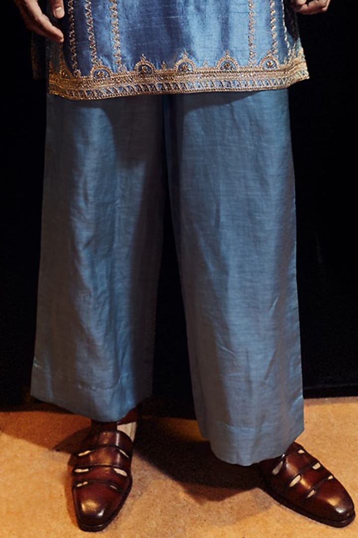 Saleti Grey Raw Silk Marodi Embroidered Kurta Set by Punit Balana Men at Pernia's Pop Up Shop