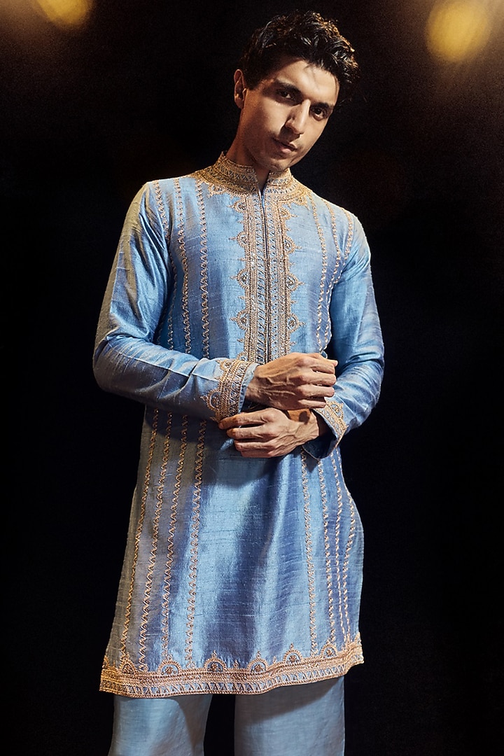 Saleti Grey Raw Silk Marodi Embroidered Kurta Set by Punit Balana Men at Pernia's Pop Up Shop