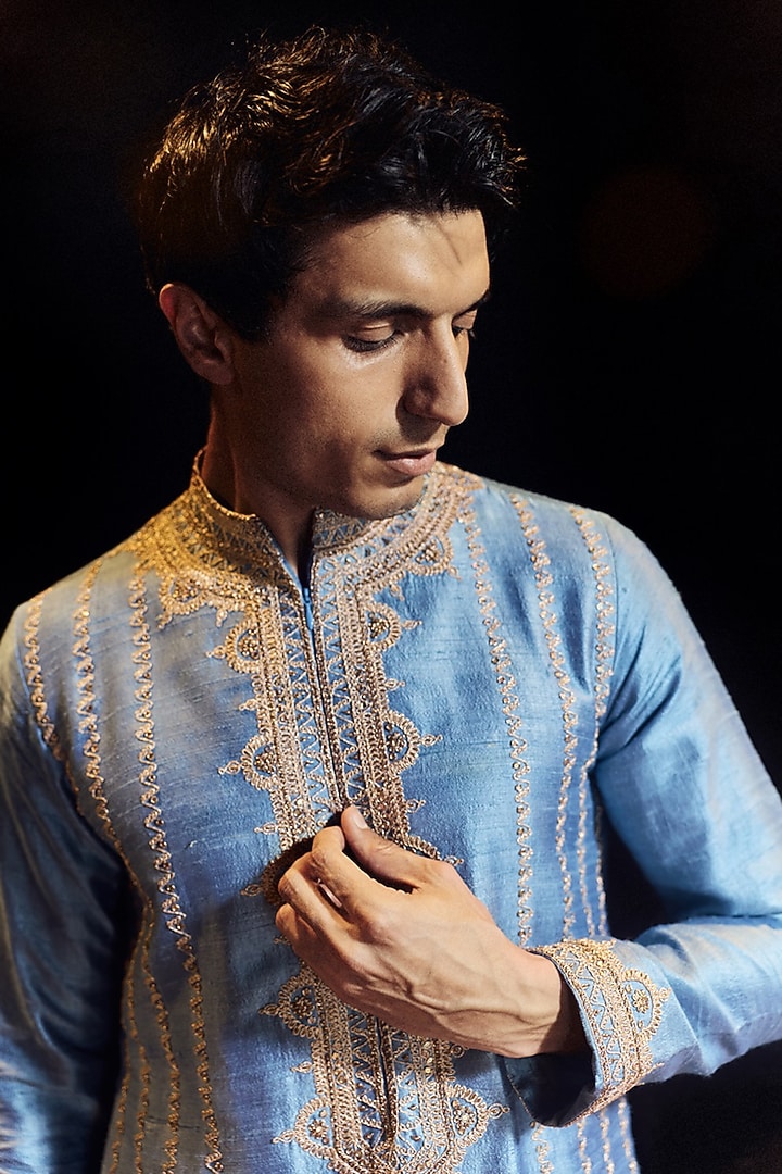 Saleti Grey Raw Silk Marodi Embroidered Kurta Set by Punit Balana Men at Pernia's Pop Up Shop