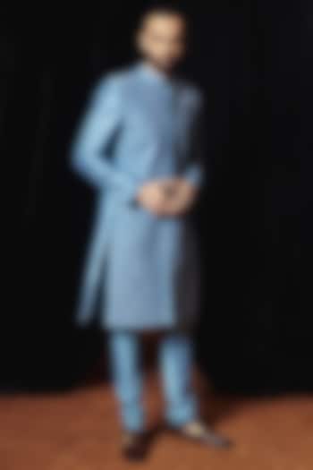 Saleti Grey Raw Silk Mirror & Resham Embroidered Wedding Sherwani Set by Punit Balana Men at Pernia's Pop Up Shop