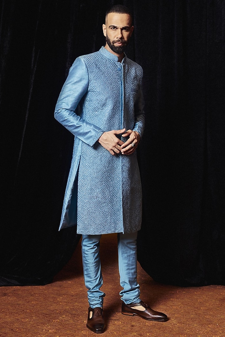 Saleti Grey Raw Silk Mirror & Resham Embroidered Wedding Sherwani Set by Punit Balana Men at Pernia's Pop Up Shop