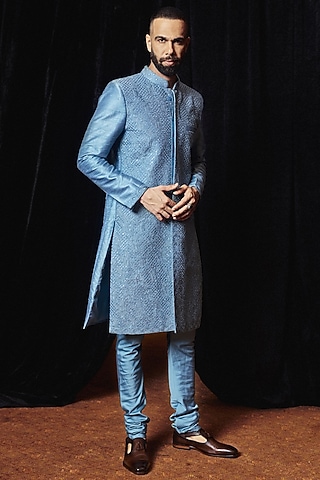 Saleti Grey Raw Silk Mirror & Resham Embroidered Sherwani Set by Punit Balana Men