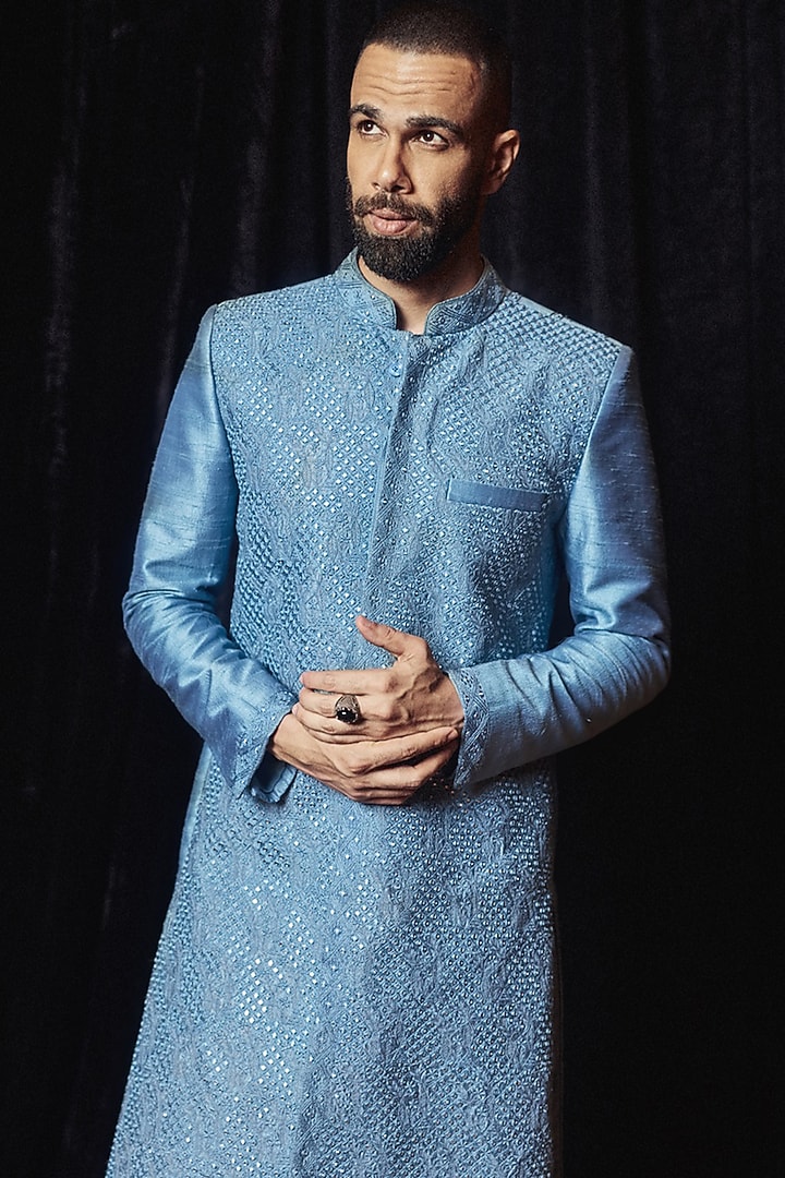 Saleti Grey Raw Silk Mirror & Resham Embroidered Wedding Sherwani Set by Punit Balana Men at Pernia's Pop Up Shop