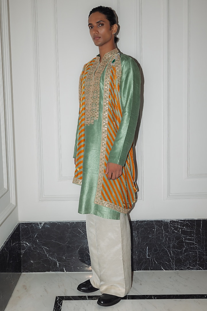 Sage Green Raw Silk Mirror Work Kurta Set by Punit Balana Men at Pernia's Pop Up Shop