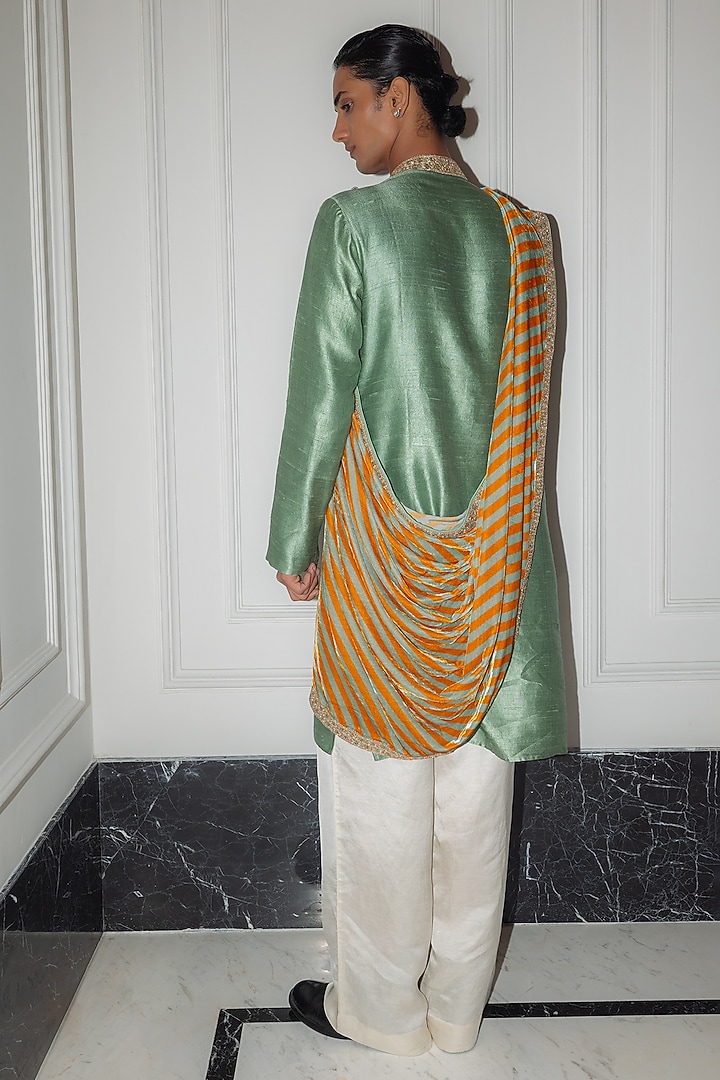 Sage Green Raw Silk Mirror Work Kurta Set by Punit Balana Men at Pernia's Pop Up Shop