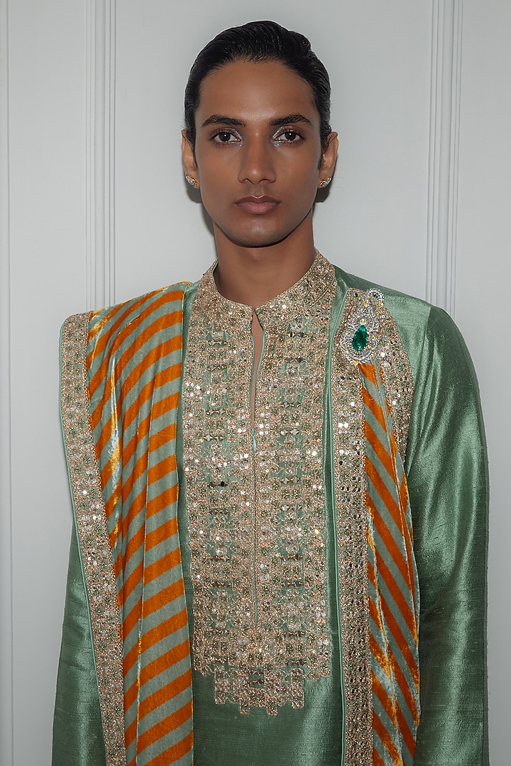 Sage Green Raw Silk Mirror Work Kurta Set by Punit Balana Men at Pernia's Pop Up Shop