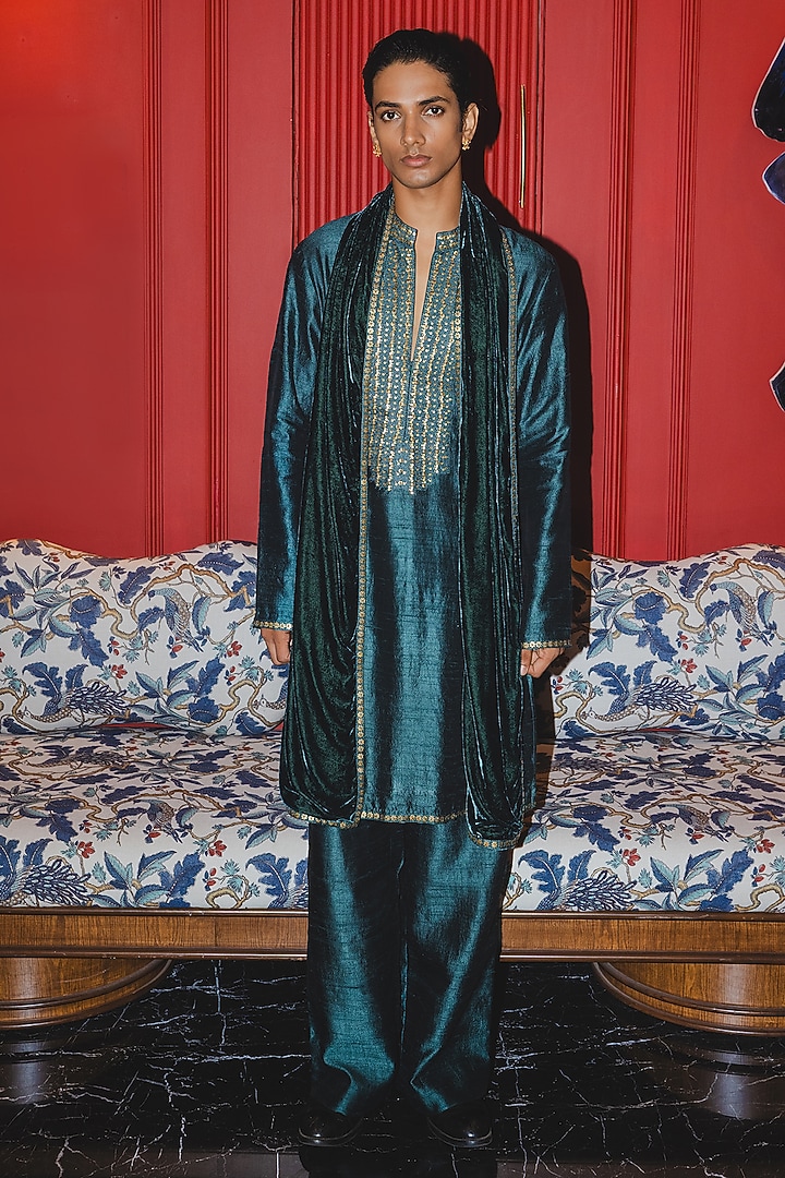 Teal Green Raw Silk Embroidered Kurta Set by Punit Balana Men at Pernia's Pop Up Shop