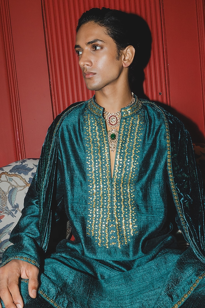 Teal Green Raw Silk Embroidered Kurta Set by Punit Balana Men at Pernia's Pop Up Shop