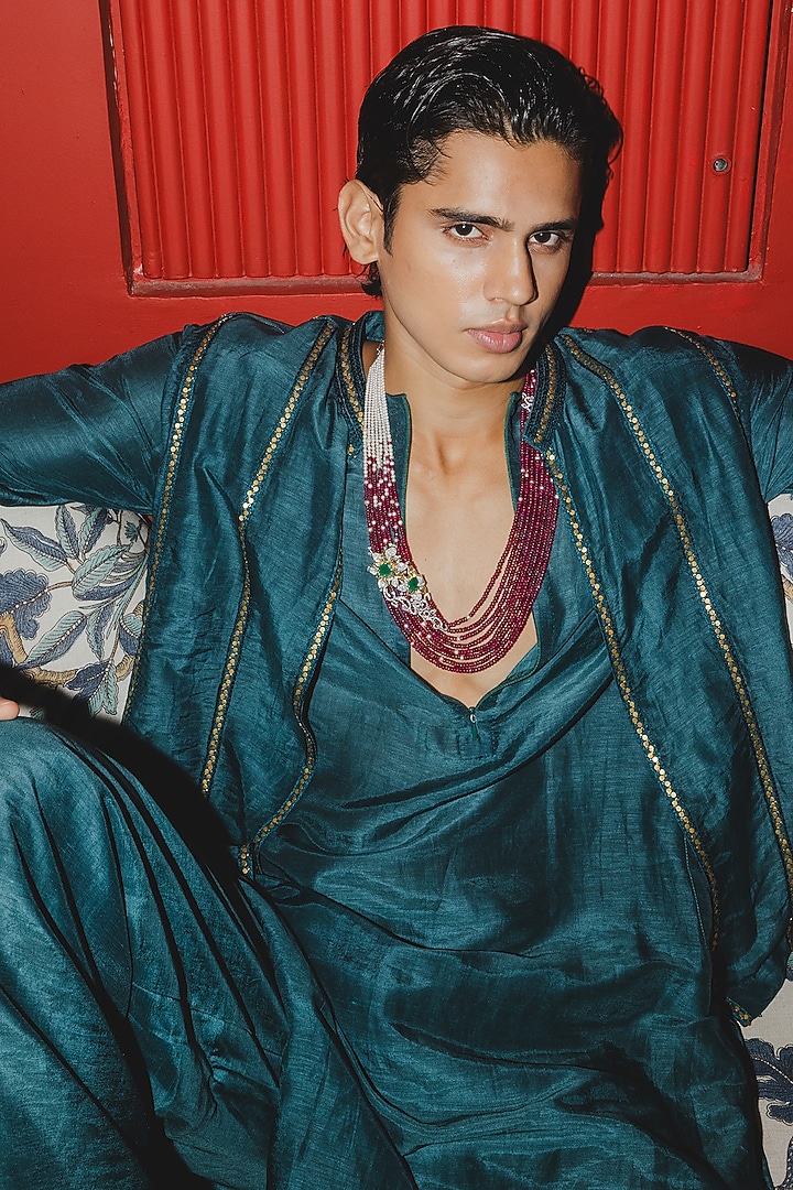 Teal Green Linen Satin Resham Embroidered Bundi Jacket Set by Punit Balana Men at Pernia's Pop Up Shop