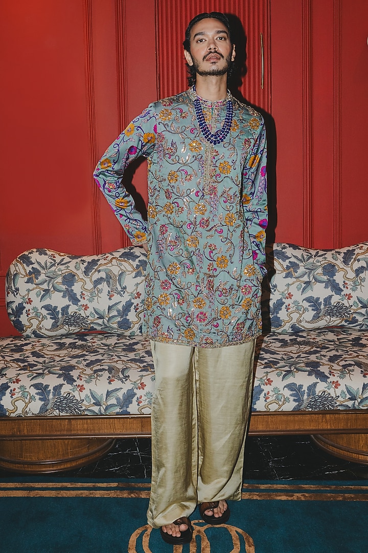 Sage Green Satin Silk Marodi Embroidered Kurta Set by Punit Balana Men at Pernia's Pop Up Shop