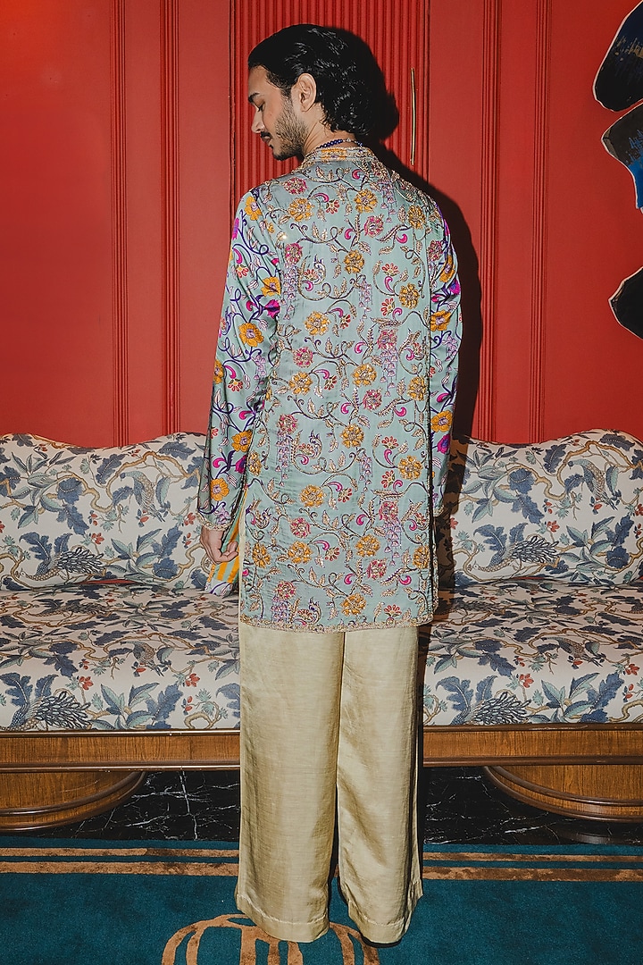 Sage Green Satin Silk Marodi Embroidered Kurta Set by Punit Balana Men at Pernia's Pop Up Shop