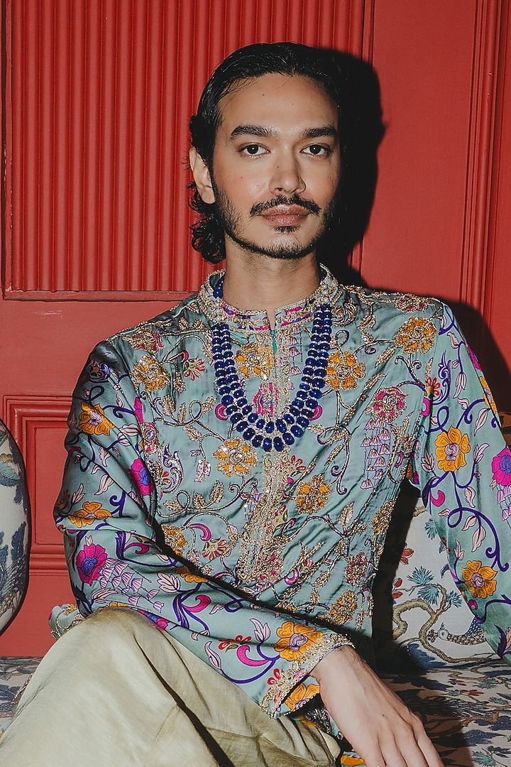 Sage Green Satin Silk Marodi Embroidered Kurta Set by Punit Balana Men at Pernia's Pop Up Shop