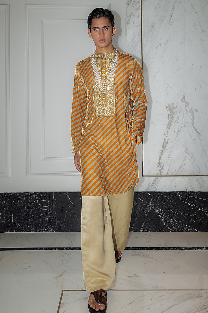 Mustard Organza Silk Resham Embroidered Kurta Set by Punit Balana Men at Pernia's Pop Up Shop