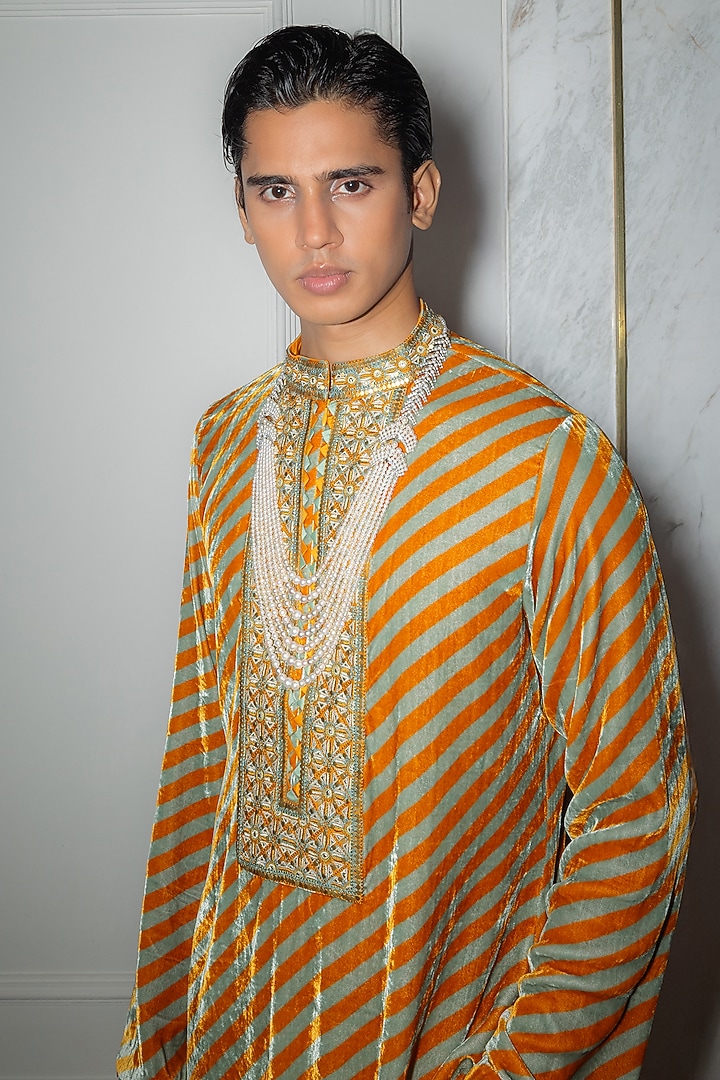 Mustard Organza Silk Resham Embroidered Kurta Set by Punit Balana Men at Pernia's Pop Up Shop