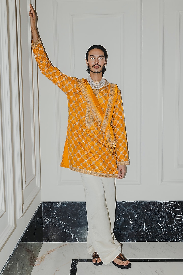 Mustard Banarasi Crushed Tissue Gota Embroidered Kurta Set by Punit Balana Men at Pernia's Pop Up Shop