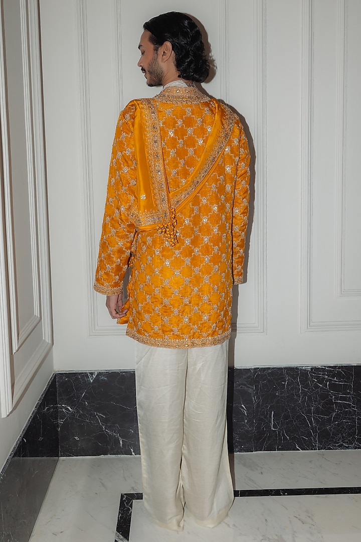 Mustard Banarasi Crushed Tissue Gota Embroidered Kurta Set by Punit Balana Men at Pernia's Pop Up Shop