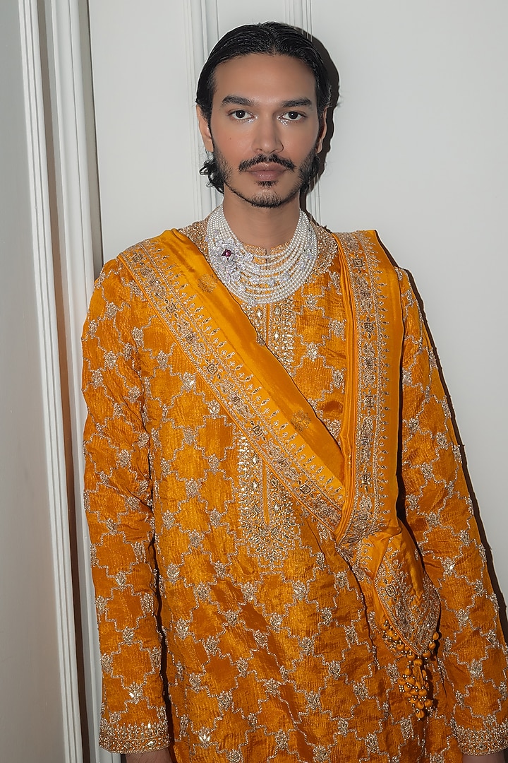 Mustard Banarasi Crushed Tissue Gota Embroidered Kurta Set by Punit Balana Men at Pernia's Pop Up Shop