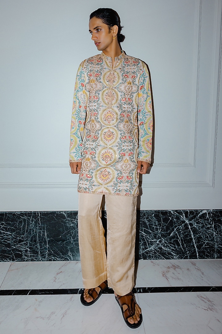 Ivory Satin Silk Marodi Embroidered Kurta Set by Punit Balana Men at Pernia's Pop Up Shop