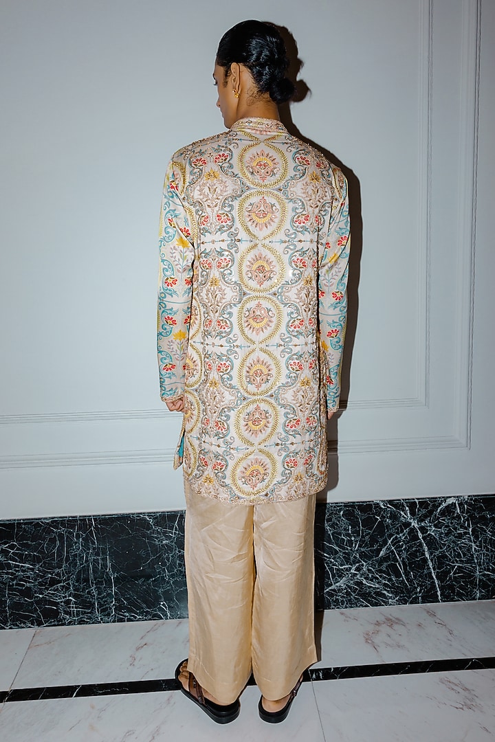 Ivory Satin Silk Marodi Embroidered Kurta Set by Punit Balana Men at Pernia's Pop Up Shop