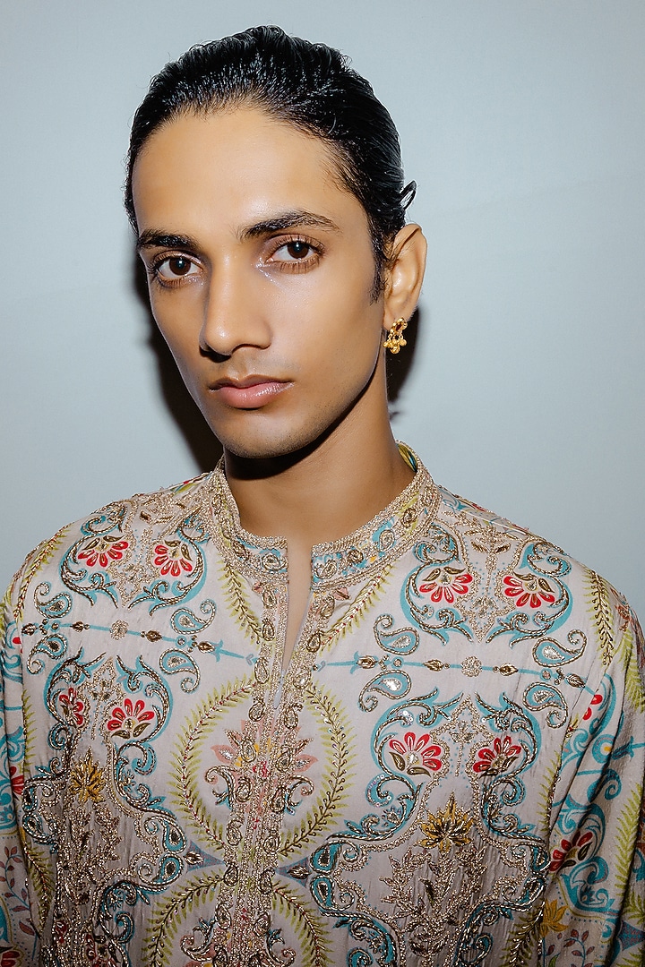 Ivory Satin Silk Marodi Embroidered Kurta Set by Punit Balana Men at Pernia's Pop Up Shop