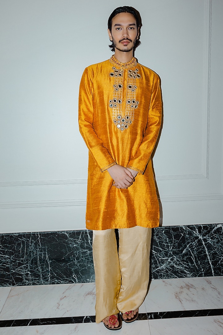 Mustard Raw Silk Mirror Embroidered Kurta Set by Punit Balana Men at Pernia's Pop Up Shop