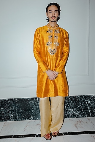Mustard Raw Silk Mirror Embroidered Kurta Set by punit balana men