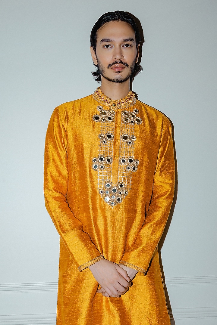 Mustard Raw Silk Mirror Embroidered Kurta Set by Punit Balana Men at Pernia's Pop Up Shop