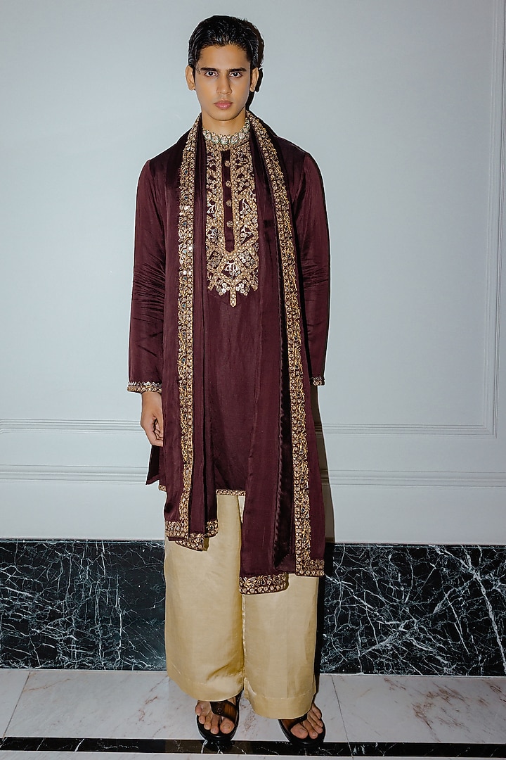 Brown Linen Satin Applique Embroidered Kurta Set by Punit Balana Men at Pernia's Pop Up Shop
