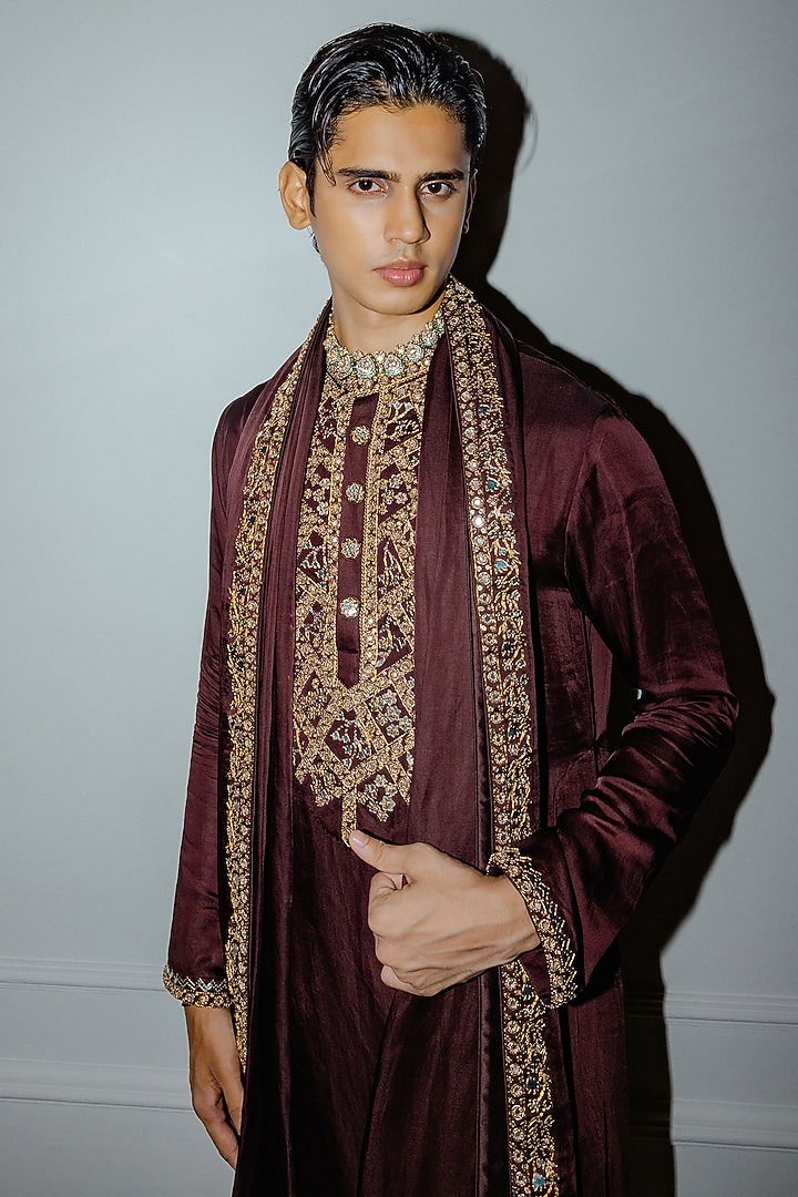 Brown Linen Satin Applique Embroidered Kurta Set by Punit Balana Men at Pernia's Pop Up Shop