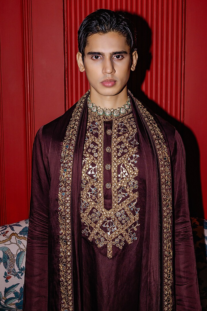 Brown Linen Satin Applique Embroidered Kurta Set by Punit Balana Men at Pernia's Pop Up Shop