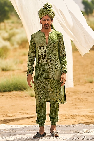 Green Satin Silk Bandhani Printed Kurta Set by Punit Balana Men