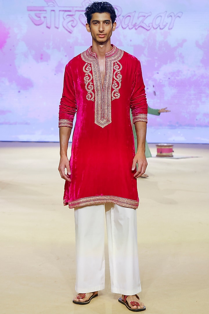 Gulabi Gulal Velvet Marodi Work Kurta Set by Punit Balana Men