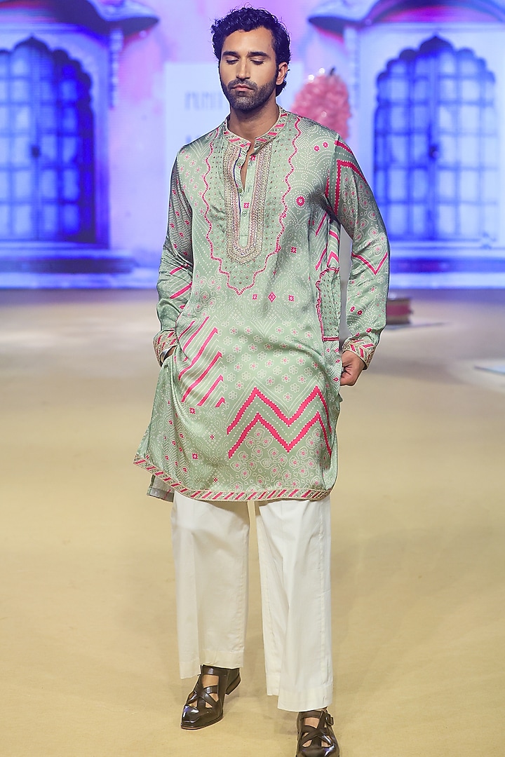 Sage Green Satin Silk Printed & Marodi Work Kurta Set by Punit Balana Men