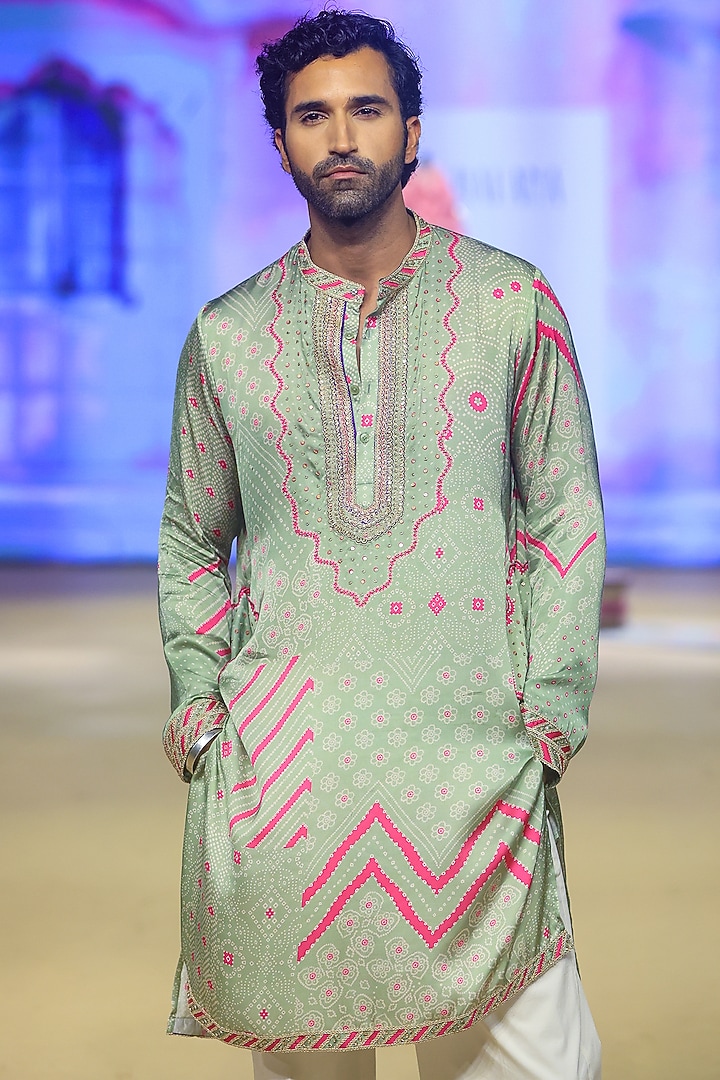 Sage Green Satin Silk Printed & Marodi Work Kurta Set by Punit Balana Men at Pernia's Pop Up Shop