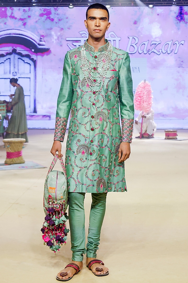 Sage Green Raw Silk Printed & Resham Work Sherwani Set by Punit Balana Men