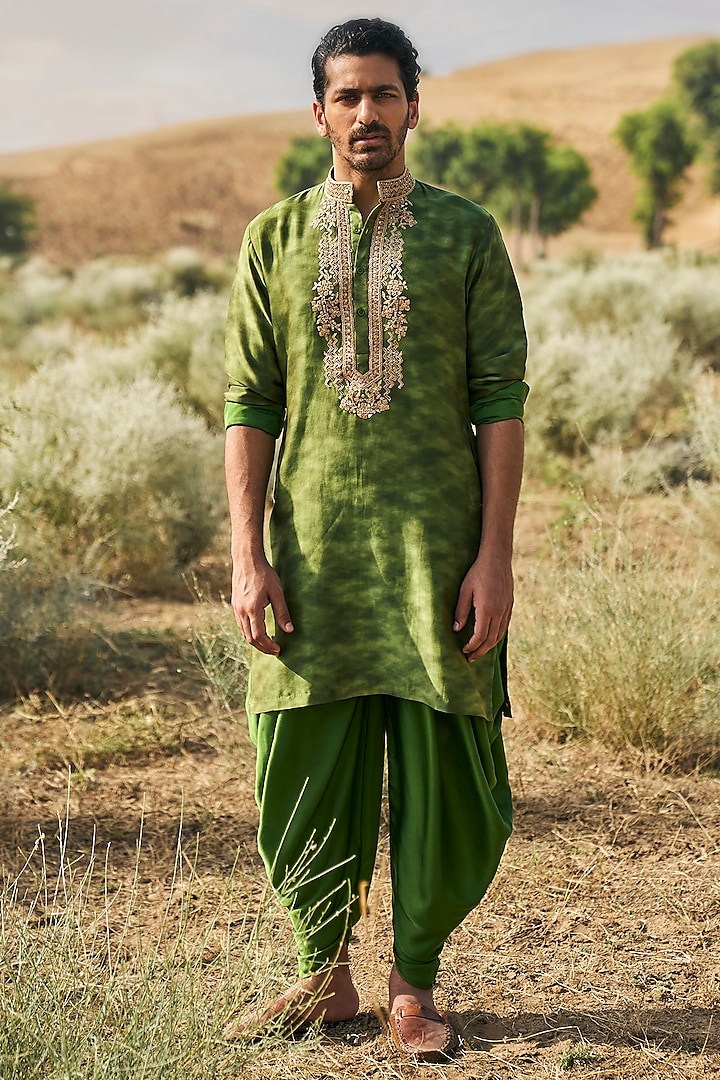Olive Green Chanderi Silk Printed & Marori Embroidered Kurta Set by Punit Balana Men