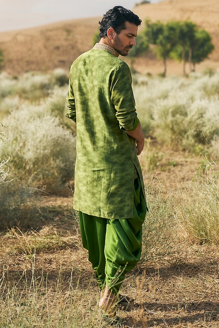 Olive Green Chanderi Silk Printed & Marori Embroidered Kurta Set by Punit Balana Men at Pernia's Pop Up Shop