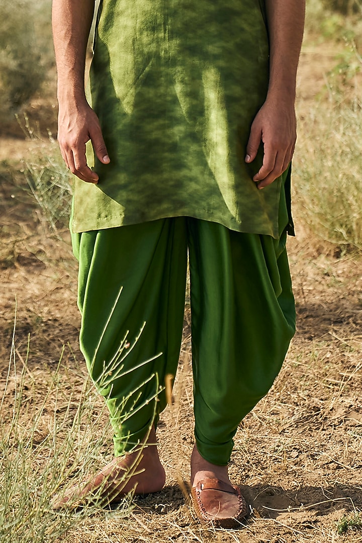 Olive Green Chanderi Silk Printed & Marori Embroidered Kurta Set by Punit Balana Men at Pernia's Pop Up Shop