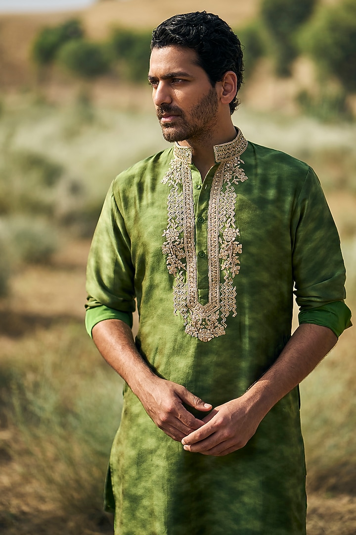 Olive Green Chanderi Silk Printed & Marori Embroidered Kurta Set by Punit Balana Men at Pernia's Pop Up Shop
