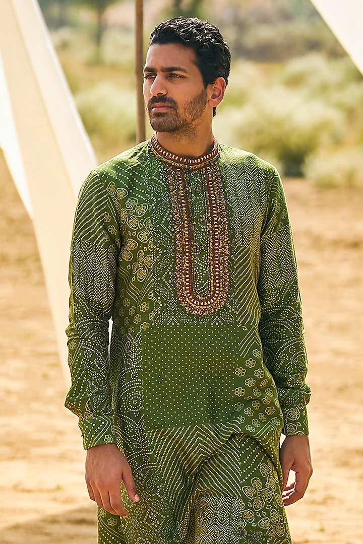 Olive Green Satin Silk Bandhani Printed & Resham Embroidered Kurta Set by Punit Balana Men at Pernia's Pop Up Shop