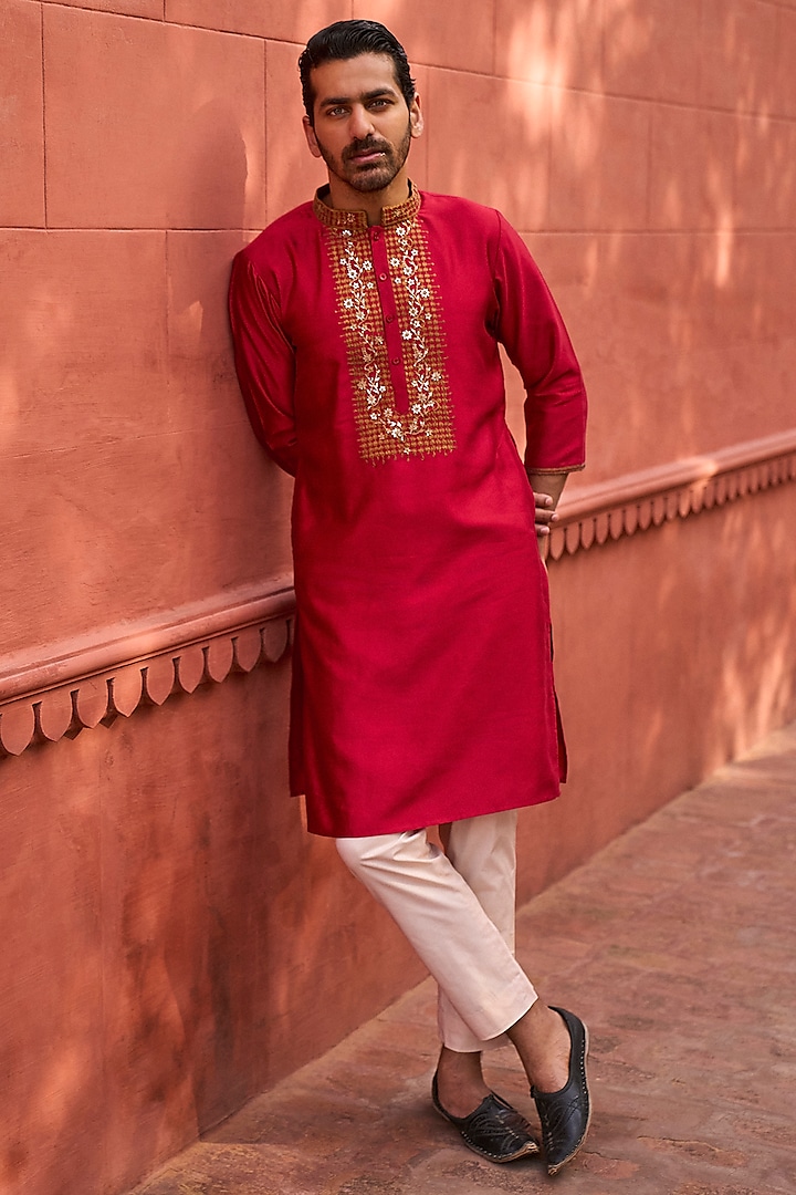 Red Tussar Silk Applique Kurta Set by Punit Balana Men