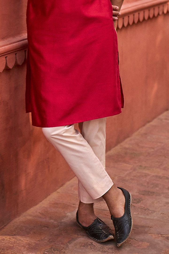 Red Tussar Silk Applique Kurta Set by Punit Balana Men at Pernia's Pop Up Shop
