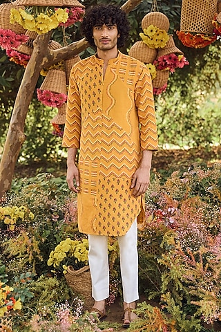 Mustard Printed Kurta Set by Punit Balana Men